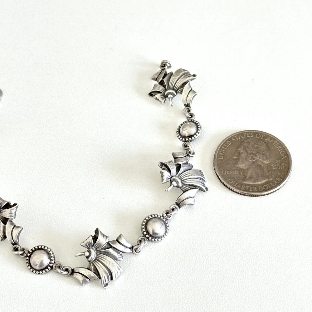 Vintage 925 Sterling Silver Floral Ribbon Design Unique Chain Link Bracelet 7.5
